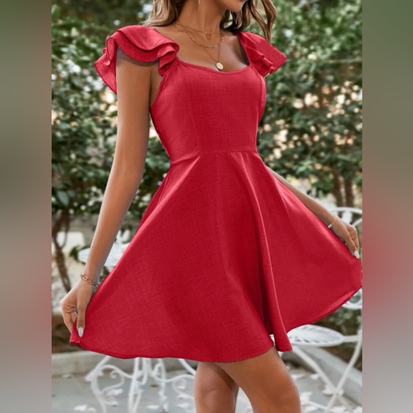 Solid Ruffled Red Dress - Picture 3 of 5